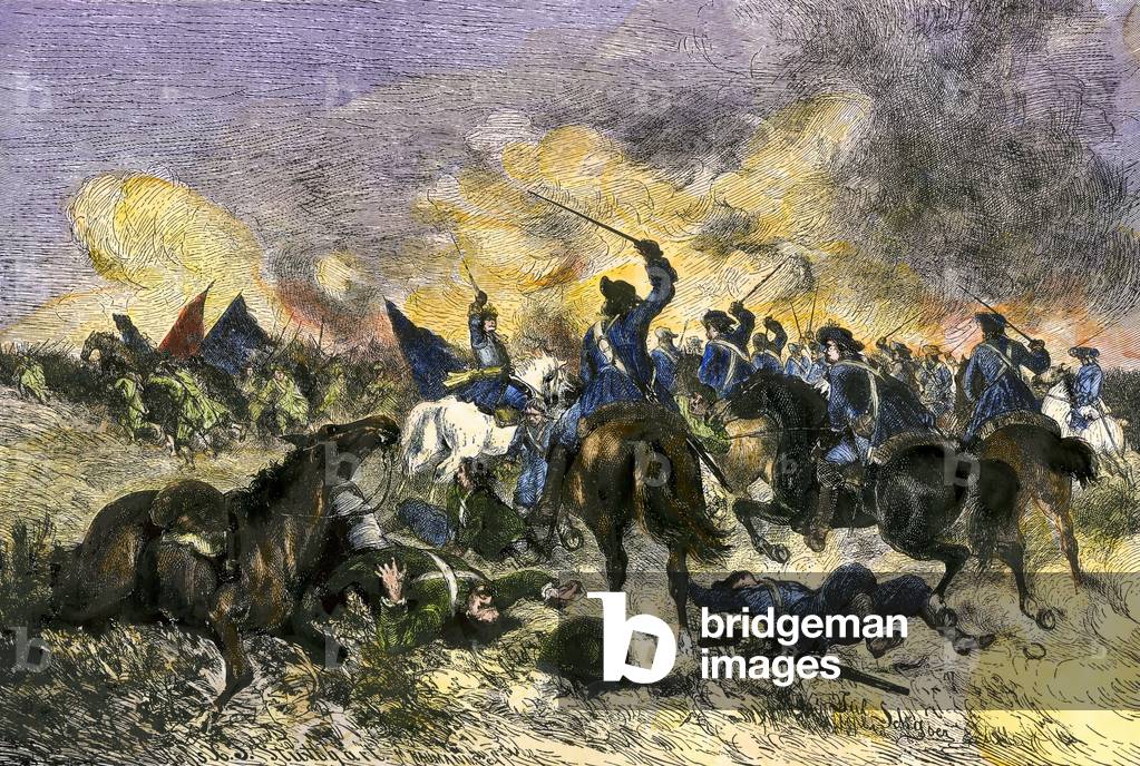Great North War or Second North War (1700-1721): Swedish king Charles XII (1697-1718) led the Swedish army to victory over the Russian army at Narva in 1700. Colouring engraving of the 19th century.