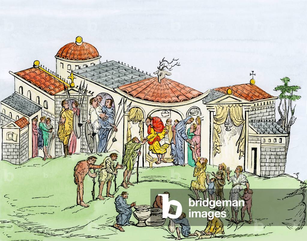 Residence of a noble saxon, early Middle Ages. Coloured engraving from the 19th century.