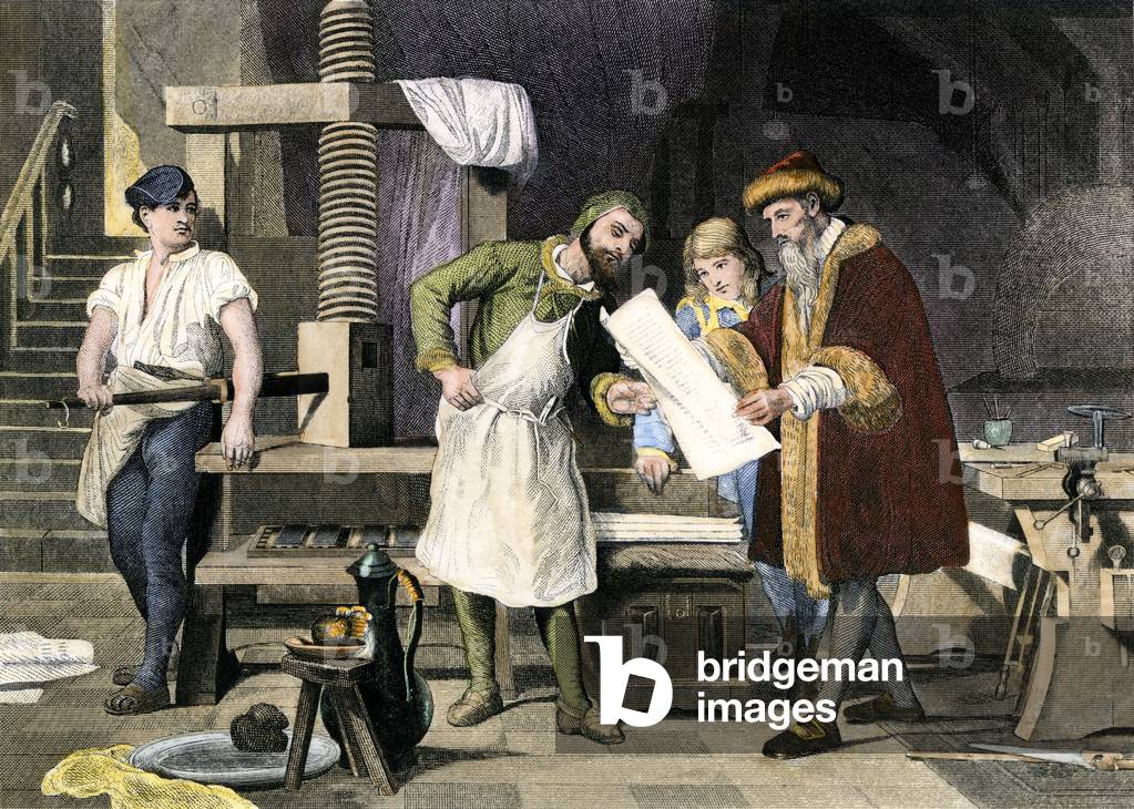 History of printing: Press in Johannes Gutenberg's workshop examining a print. Colour engraving of the 19th century.
