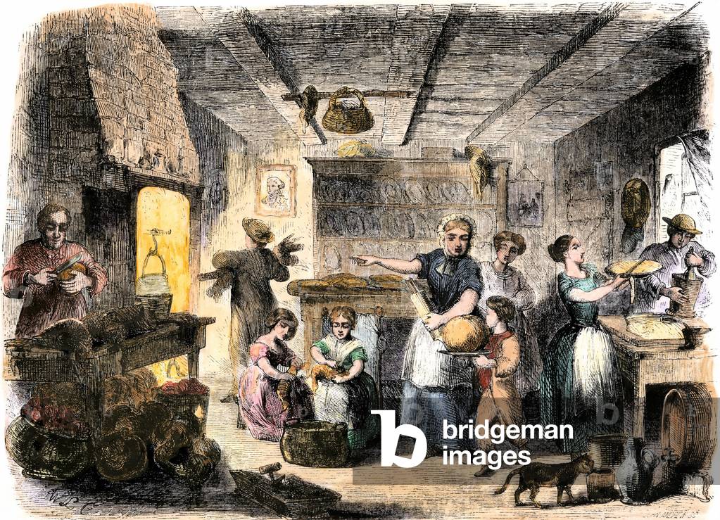 Family preparing Thanksgiving dinner, United States, 1850. 19th century coloring engraving.