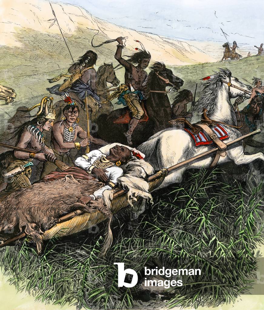 Comanche warriors, trying to scare their chief lying on a white horse-drawn civilian, and thus avoid a confrontation with the American army under the command of General John Davidson (1825-1881), near Washita River, Texas Panhandle (USA), 1874. Lithography, 19th century.