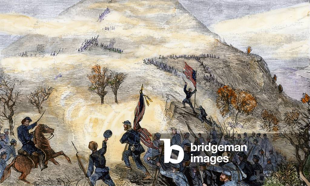 US Civil War, 1861-1865: The Battle over the Clouds, Battle of Lukut Mountain (Appalachians), in 1863, as part of the campaign of Chattanooga (Tennesse), Union soldiers defended the Confederate forces. Strong water in colors 19th century.