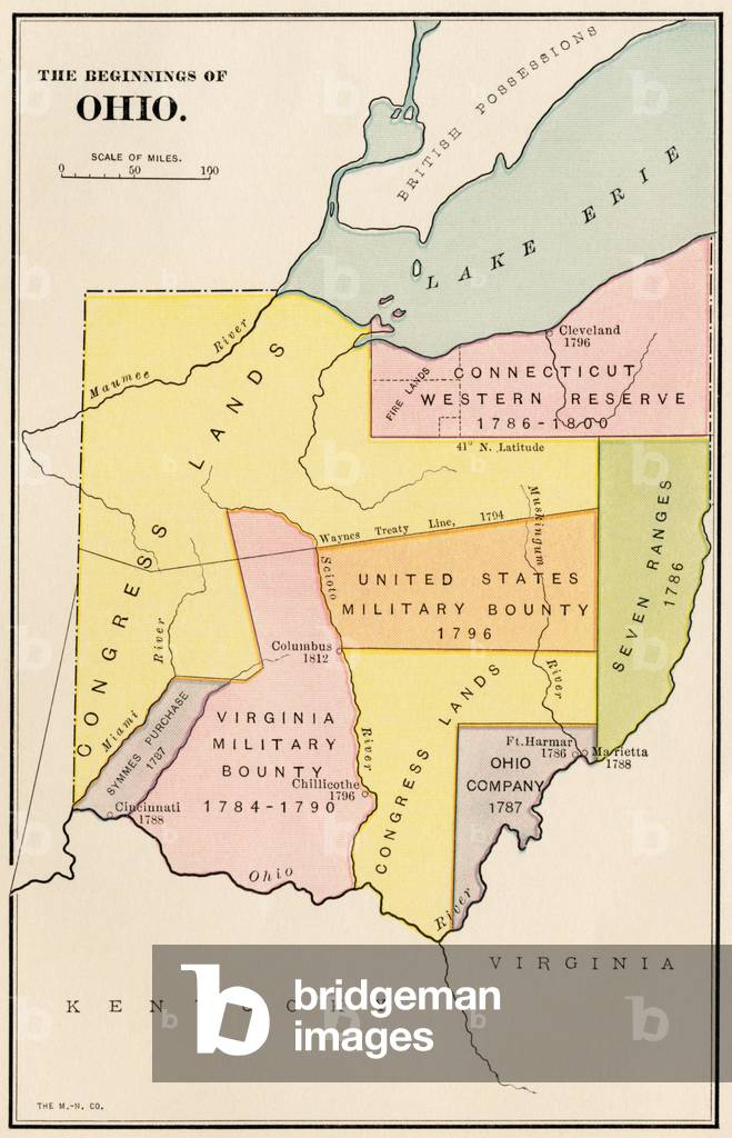 United States, Ohio Territory: Map showing the division of the country and the first pioneer camps in the territory color engraving of the 19th century