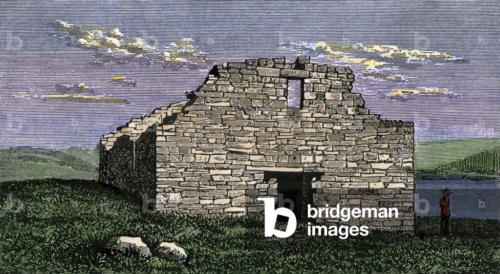 View of the ruins of a Viking church in Katortok in Greenland. 19th century engraving Ruins of a Viking church at Katortok, Greenland, view in 1800s. Hand-colored woodcut of a 19th century illustration