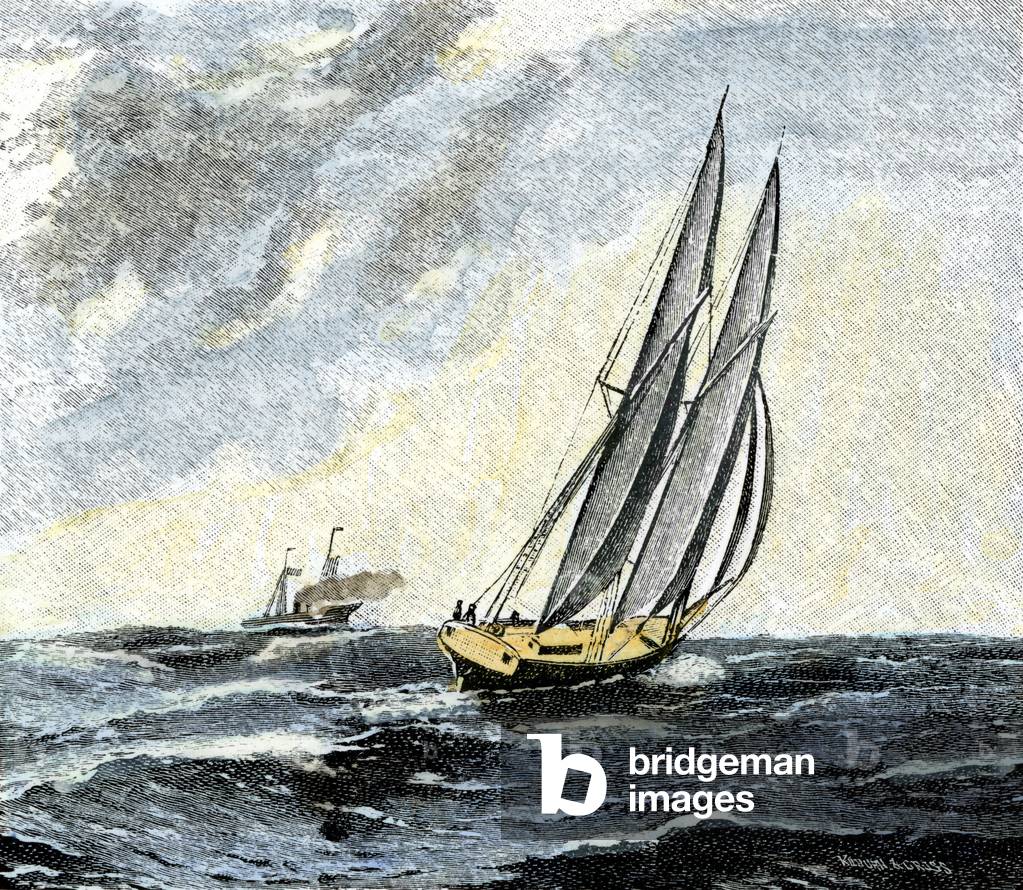 Secession War (1861-1865): a blockade force of the Confedere State evades a cruiser of the Union. Colouring engraving of the 19th century.