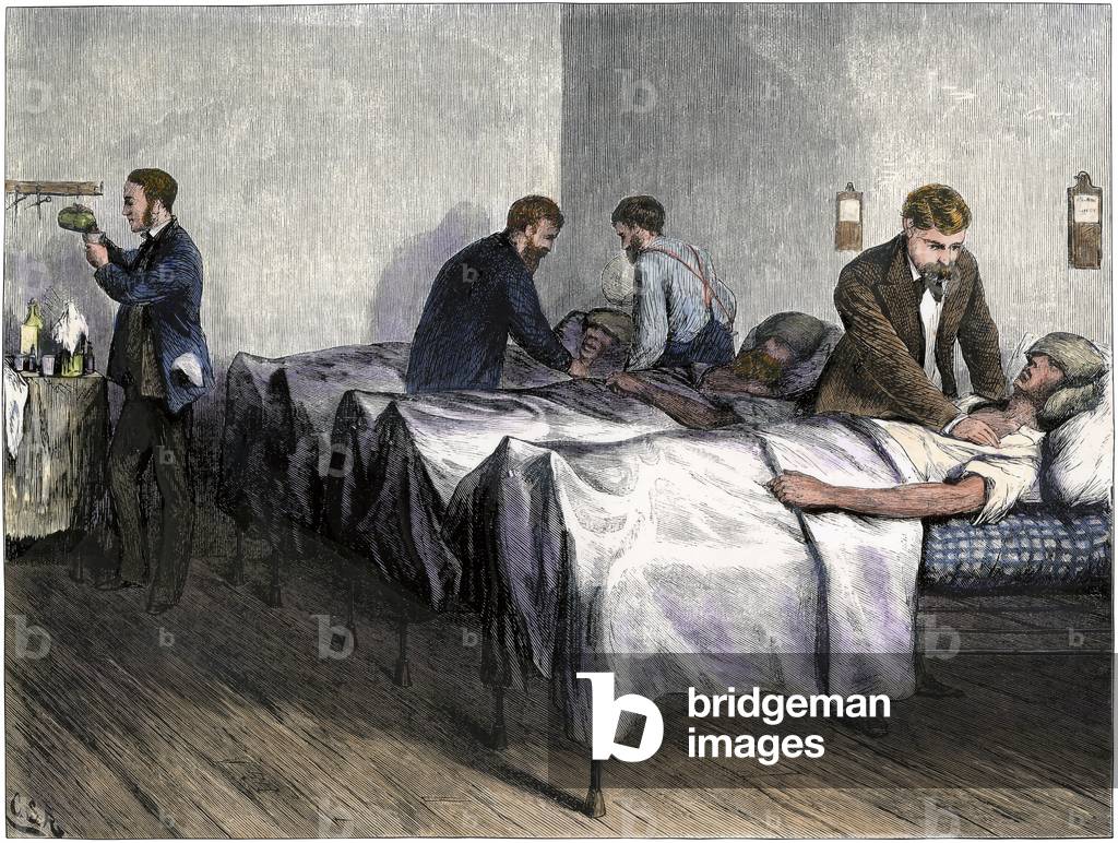 Patients suffering from insolation treated at Centre Street Hospital in New York City (USA) around 1870 - Colour engraving 19th century (Sun-struck patients at Centre Street Hospital, New York City, 1870s - Hand-colored woodcut of a 19th-century illustration)