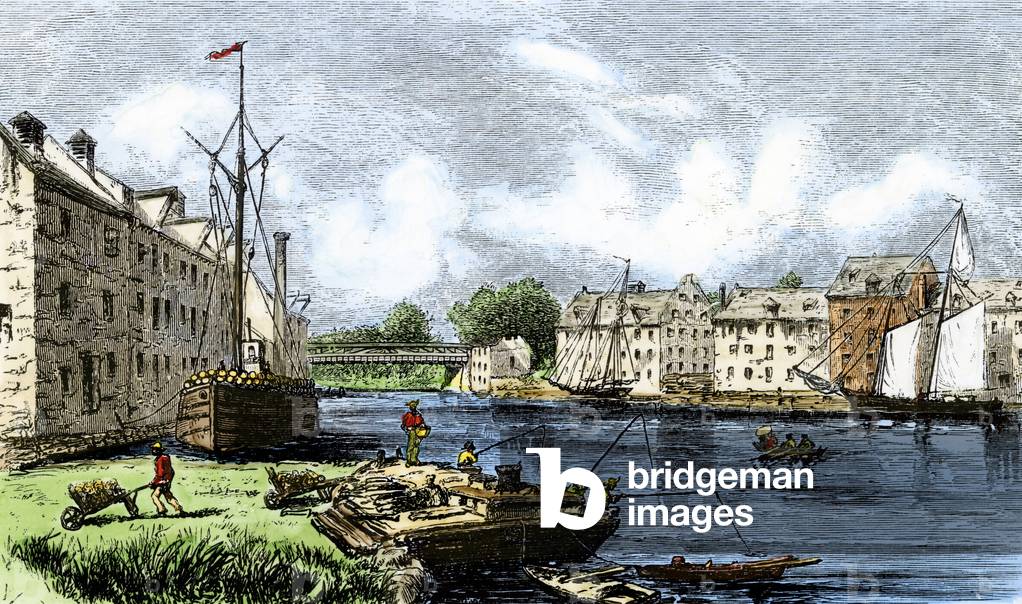 United States, Delaware: Old mills on the banks at Brandywine Creek, 19th century. Colour engraving of the 19th century.