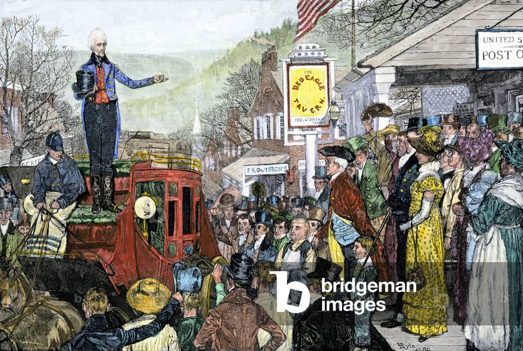 The president appointed Andrew Jackson (1767-1845) in a speech during a stage on the Washington Road, 1828. Race to the Presidential. Colouring engraving of the 19th century. Illustration by Howard Pyle.