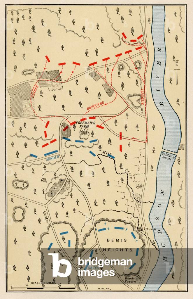 United States of America Independence War (1775-1783): Map of the First Battle of Freeman's Farm, part of the Saratoga Battlefield on September 19, 1777. Lithograph of the 19th century