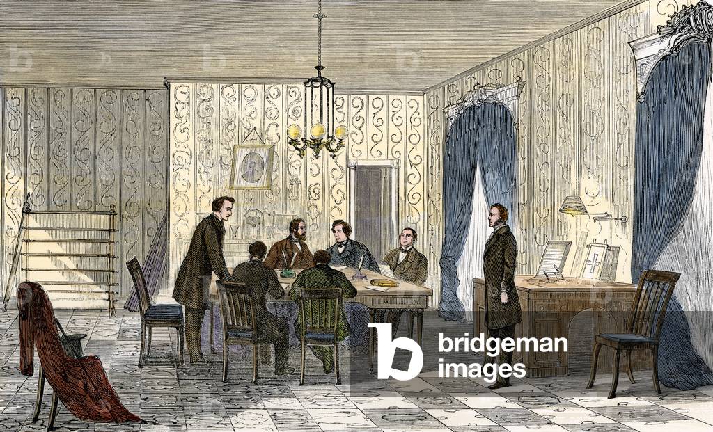 President Andrew Johnson (1808-1875) consulting his lawyers on his defence against the impeachment procedure initiated by Congress in 1868 - Colorisee engraving 19th century - President Andrew Johnson consulting with his lawyers about impeachment, 1868 - Hand-colored woodcut of a 19th-century illustration