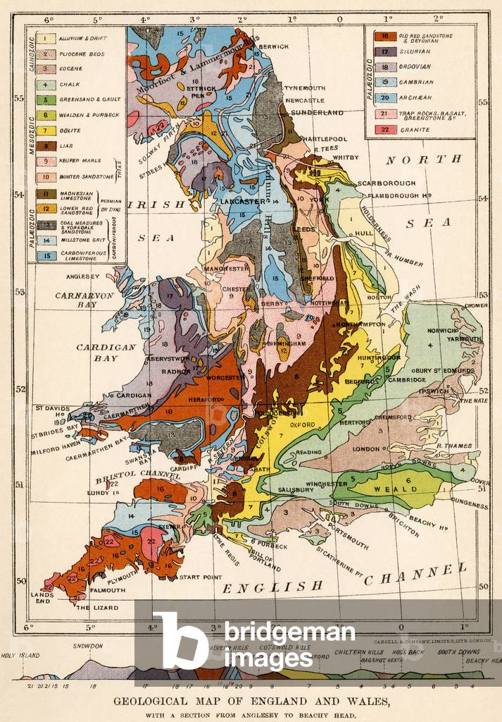 Geological map of England and Wales (composition and structure of the soils and natural resources of Great Britain), circa 1870. Lithograph from 19th century illustration.