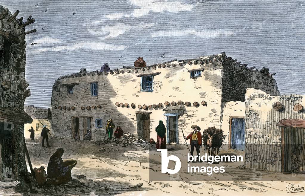 United States, State of New Mexico: One of the oldest houses in America a Santa Fe street in the years 1800. Colour engraving of the 19th century.