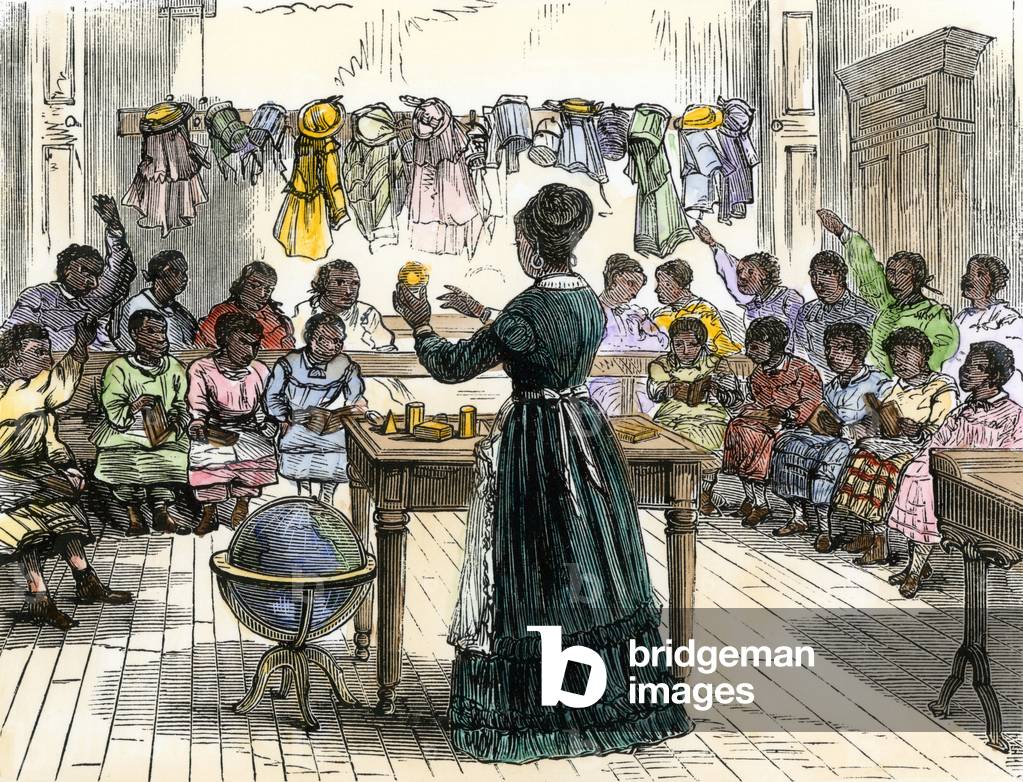 Learning forms and volumes in a school open to the teaching of African American children, New York City (USA), 1870. 19th century lithography.