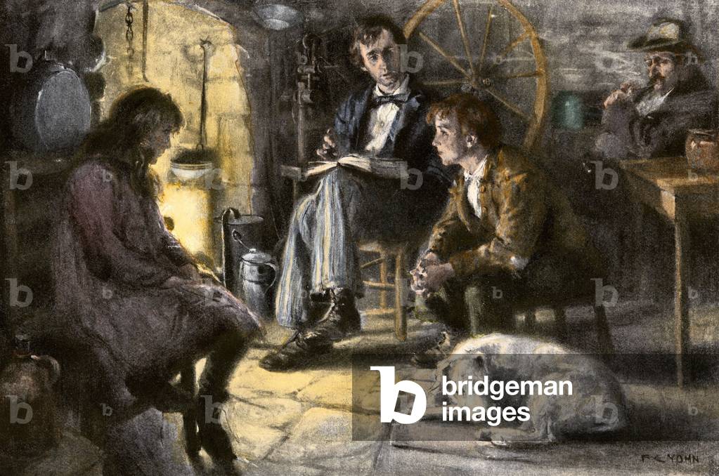 Family of pioneers from the United States: a father reads in front of the chimney fire with his children, 19th century. Engraving of the 19th century.