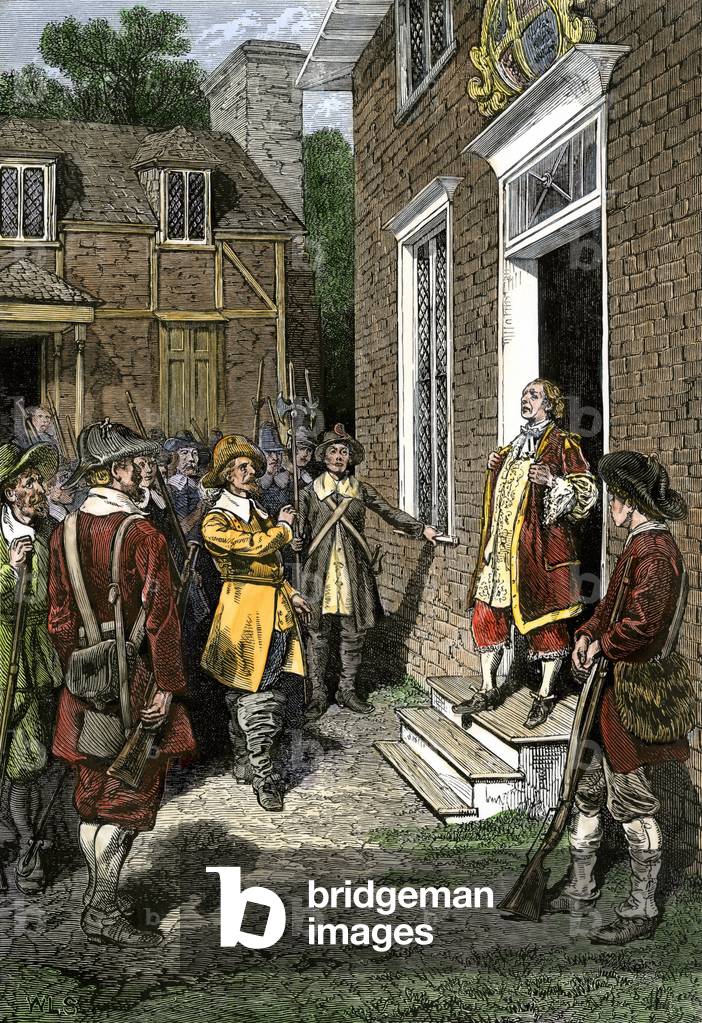 United States, State of Virginia: Governor William Berkeley faces settlers in anger during the rebellion of Nathaniel Bacon in Jamestown, 1676. Colour engraving of the 19th century