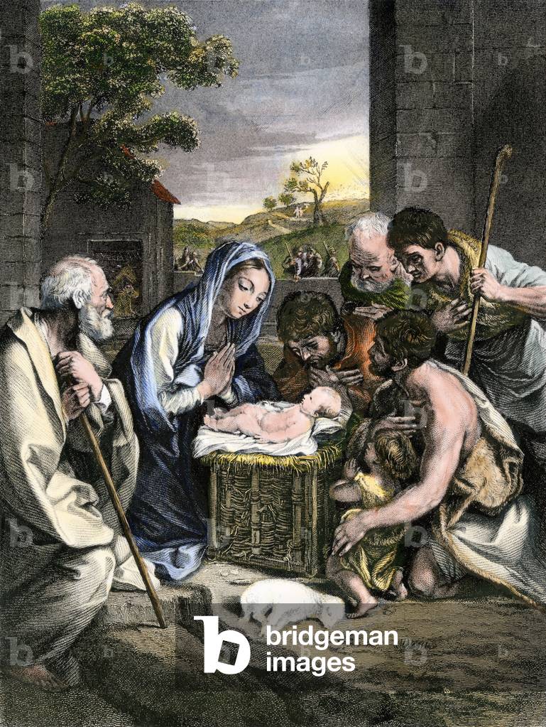 Bible scene: Shepherds with Mary, Joseph and Jesus in Bethlehem (Bethleem). Colouring engraving of the 19th century.