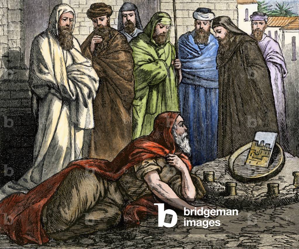 The Hebrew prophete Ezechiel recounts his visions of God. Colour engraving of the 19th century.