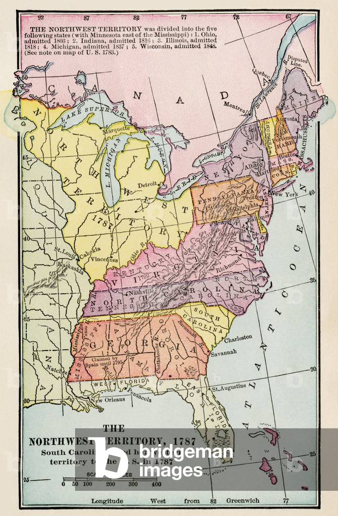 Discovery of the New World (Discovery of America): Map of the former territories of the North East of the United States in 1787 with the borders of the 13 states. Lithograph of the 19th century