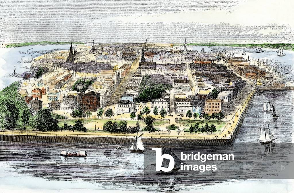 United States, South Carolina: Air view of Charleston mid 19th century. Colour engraving of the 19th century.