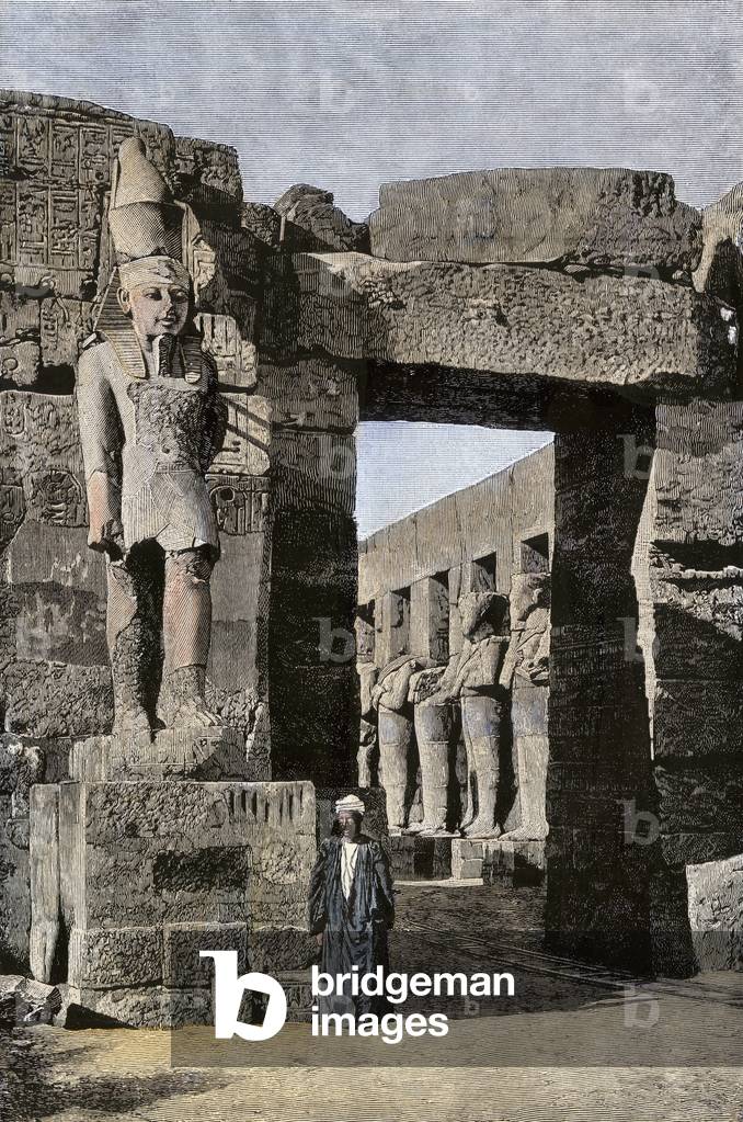 Statue of Pharaoh Ramses III (regne, 1186-1154 BC), in the ruins of his funeral temple in Medinet Habou (Egypt), late 19th century. Lithograph from 19th century illustration.