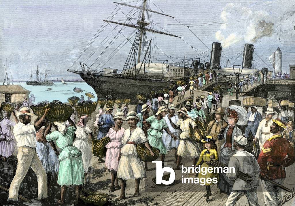 Popolazione e cultura dei Caraibi: Giamaica che trasporta carbone a bordo di navi a vapore a Kingston, Giamaic