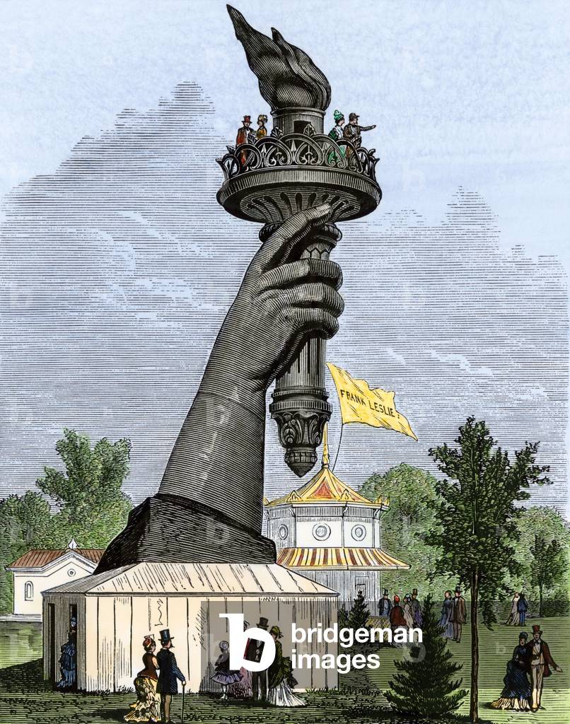 The Torch of the Statue of Liberty exhibits at the 100th exhibition in Philadelphia in 1876 (engraving)