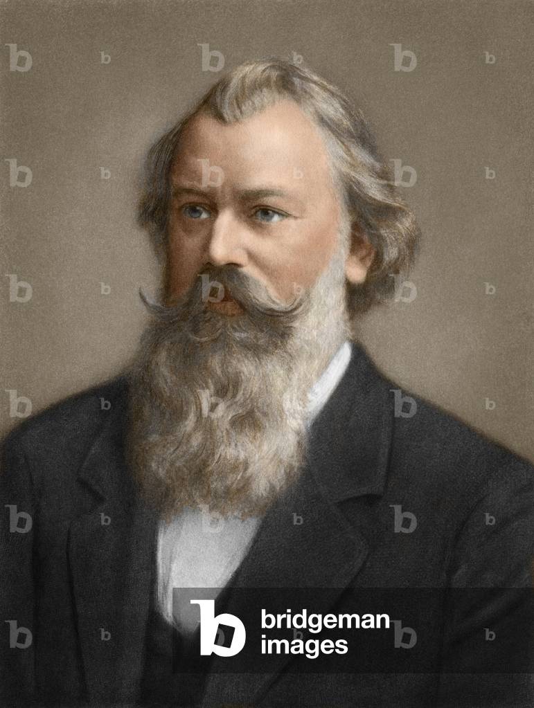 Portrait of Johannes Brahms (1833-1897) German composer - Photoengraving colorisee, 19th century - Composer Johannes Brahms - Digitally colored photogravure of a 19th-century portrait