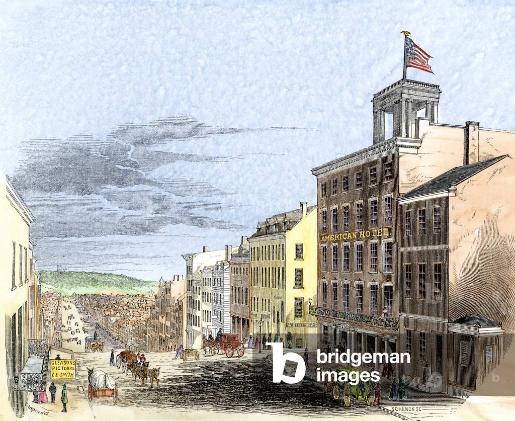 United States, State of Virginia: Richmond Main Street before the Secession War, 1850. Colour engraving of the 19th century