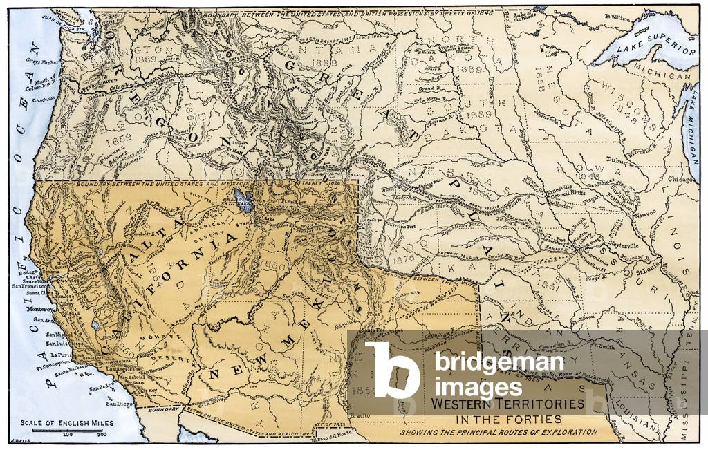 Map of the western territories of North America, showing the borders between Mexico and the United States, in the 1840s. Color lithography, 19th century.
