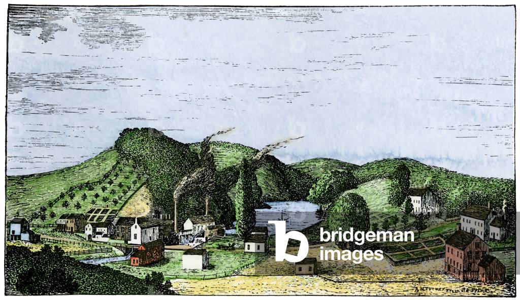 Speedwell Forges, site of the first demonstration of the electric telegraph, in Morristown, New Jersey (USA) - Reproduction of an invoice from 1837 - Colorized engraving 19th century - Speedwell Ironworks, site of first public telegraph demonstration, Morristown, New Jersey, 1830s - Hand-colored woodcut from an invoice of 1837
