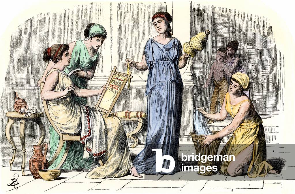 Frauen, die sich mit Weben, Spinnen und anderen Hausflecken beschäftigen, im antiken Griechenland. Farbstich d