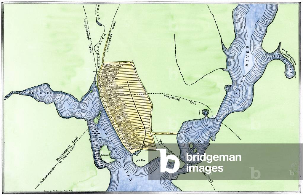 United States, Rhode Island State: Map of Providence, Rhode Island, 1664, showing the properties of the original landowners. Colour engraving of the 19th century.