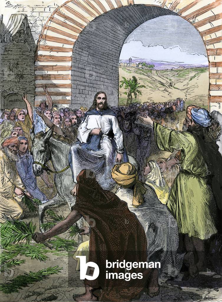People strewing palm fronds in the path as Jesus enters Jerusalem on a donkey - Hand-colored woodcut