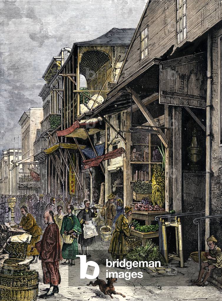 Chinatown shop in San Francisco, USA, years 1870. Colour engraving of the 19th century.