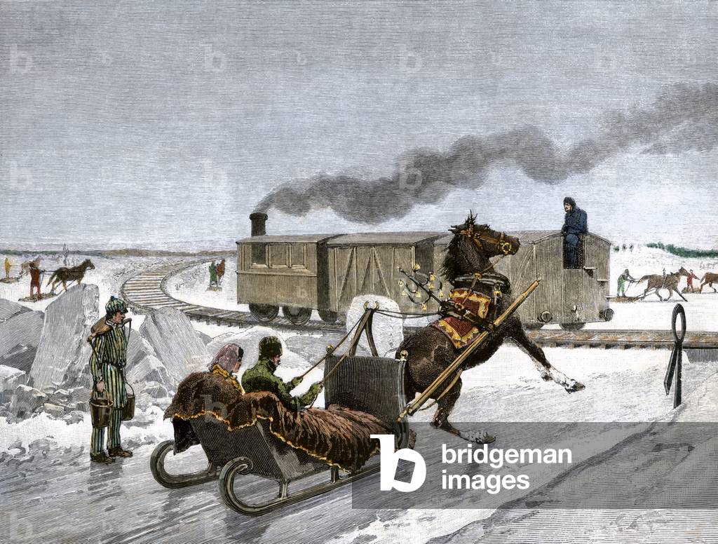 Railway on the St. Lawrence River gele, Canada, circa 1880. Colour engraving.