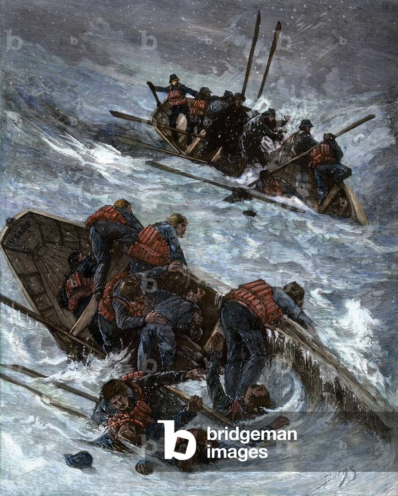 The loss of the life-saving crew, all wearing lifejackets, trying to rescue the survivors of the ship Elisabeth in the storm, around 1880. Colour engraving.