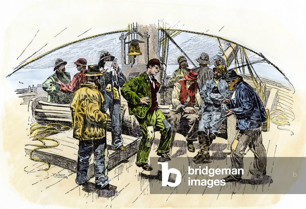 Sailors having fun: fishermen talking and entertaining on a whaler, 19th century. Colourful engraving of the 19th century.