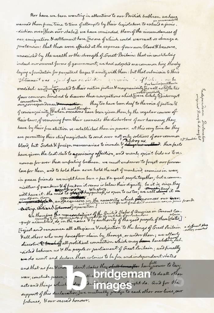 Extract from the draft of the declaration of independence of the thirteen British colonies in North America secession from the British Kingdom. Manuscript, page 4, by Thomas Jefferson (1743-1828). Engraving, 19th century.