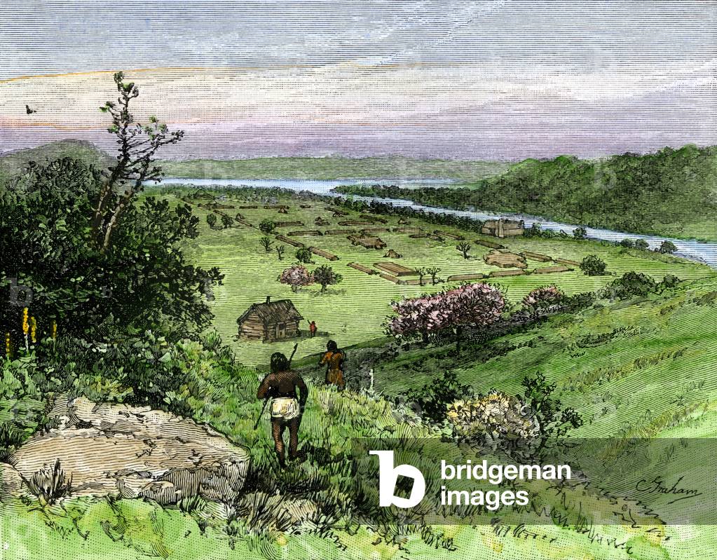 United States, Ohio Territory: Pioneers of Marietta, Ohio, 1788. Colour engraving of the 19th century