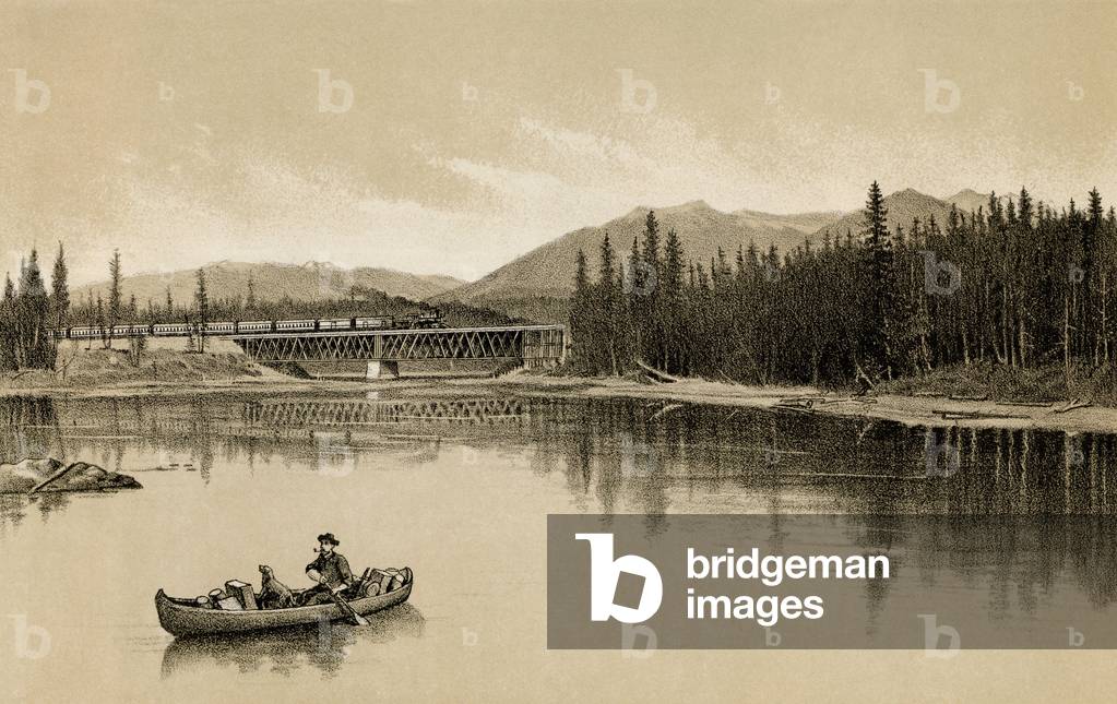 Pacific Railroad's Canadian Transcontinental Railway, crossing the Columbia River, British Columbia, circa 1880. 19th century lithography.