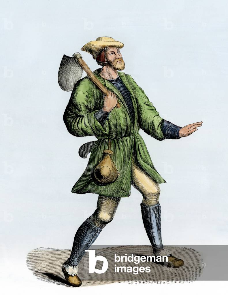 Peasant from the Middle Ages with a shovel and a bottle.