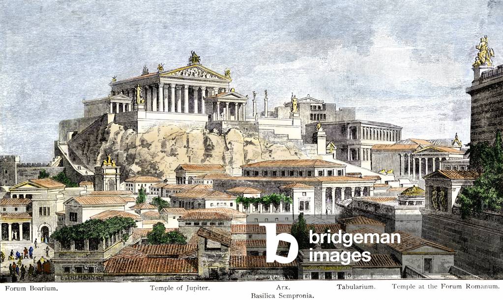 Roman Empire: View of Rome in the antiquit taken from Mount Palatino. From left to right: Boarium Forum, Jupiter Temple, Sempronia Basilica, Tabularium, Roman Forum Temple. Colour engraving of the 19th century.