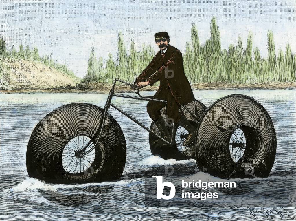 Amphibious tricycle using large rubber inflatable tires to move on land or water, France, circa 1890. Lithograph from 19th century illustration.