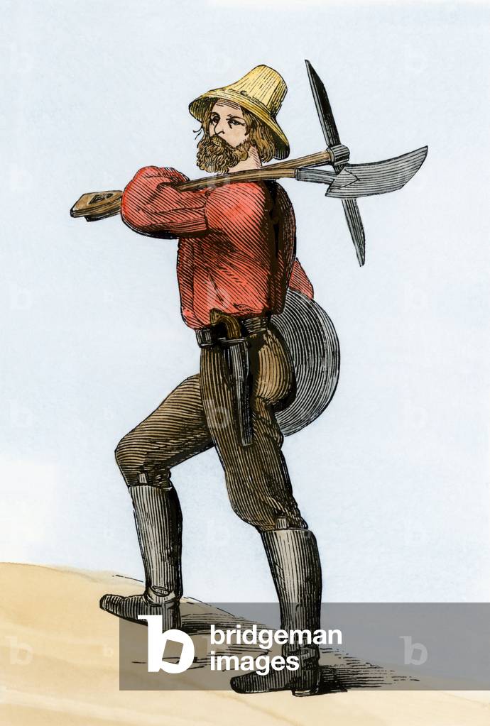 Gold Rush: California gold seeker hope to achieve his goal. 19th century color engraving.