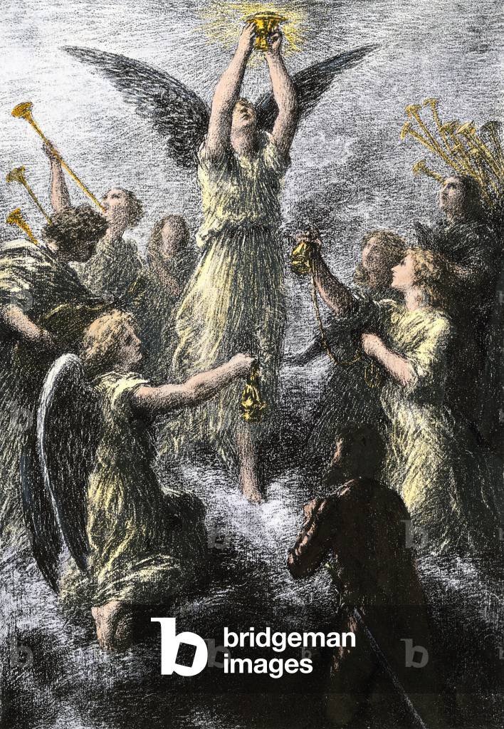 Celebration of angels. The holy grail of the prelude of the opera “Lohengrin”” by Wilhelm Richard Wagner (1813-1883). Colour engraving of the 19th century after a painting by Fantin-Latour