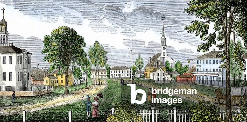 Stati Uniti, Massachusetts: Centro di Concord, che mostra la casa di giustizia (a sinistra), la chiesa e le ca