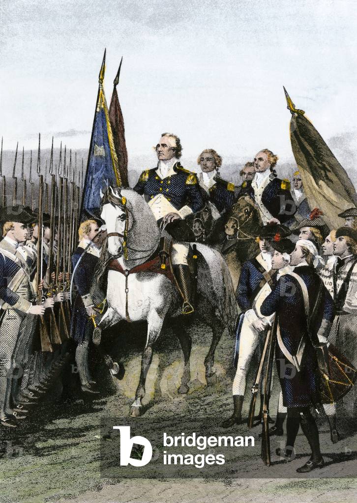 George Washington took command of the Continental Armee in 1775 during the American Revolution. Engraving.