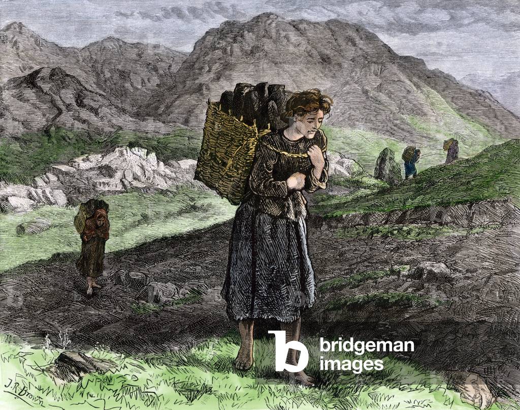 Bild von Gravur "Hungersnot in Irland: Irisch barfuß mit Torfvorräten im Moor"