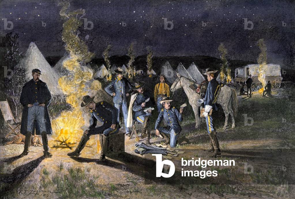 Mail arrives in an American army camp west of the territory in the 1880s in the Great Plains of the United States. 19th century colour engraving from a painting by Zogbaum