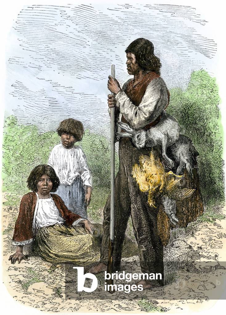 History of indigenous peoples: Digger Indians returning from hunting with rabbits and birds, Sierra Nevada Mountain, 19th century. Colourful engraving of the 19th century.